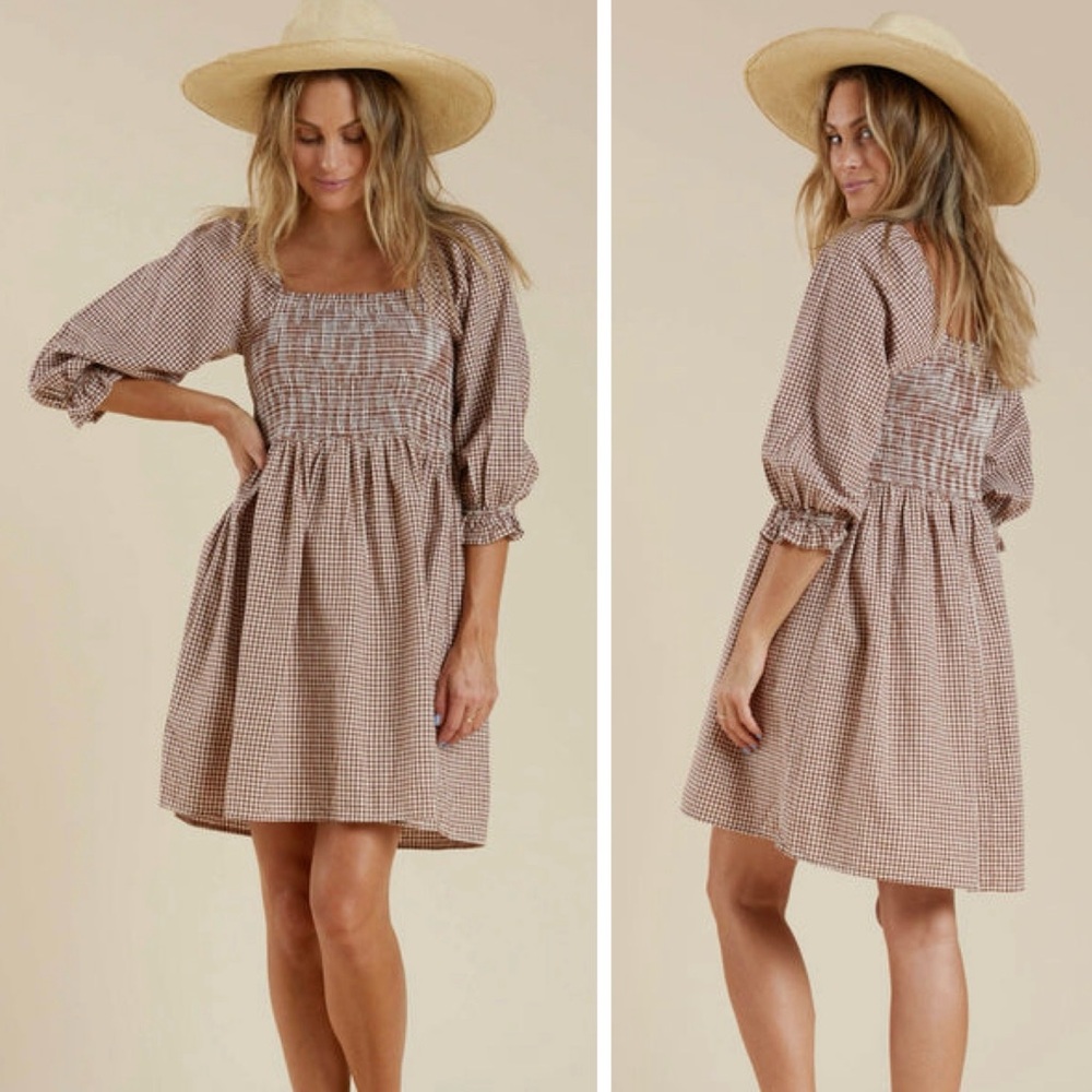 Rylee + Cru Gianna Puff Sleeve Mini Dress in Redwood Gingham